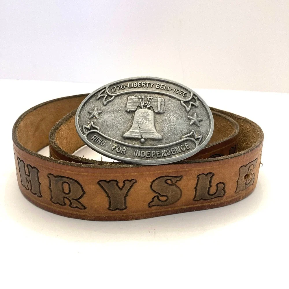 Vintage Leather Belt Chrysler Liberty Bell Buckle 1776-1976 Mens 42-46 Brown‎